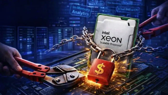 Concept image showing Intel Xeon processor with locked features representing discontinued On Demand licensing