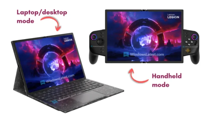 Lenovo Legion Go Fold MWC 2026 Lenovo Legion Go Fold gaming device shown in laptop mode and handheld mode