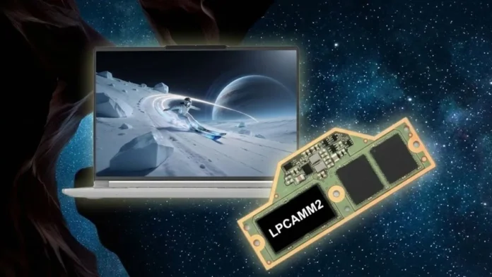 Lenovo ThinkBook 2026 With LPCAMM2 Memory Lenovo ThinkBook 2026 laptop alongside LPCAMM2 memory module highlighting LPDDR5X support
