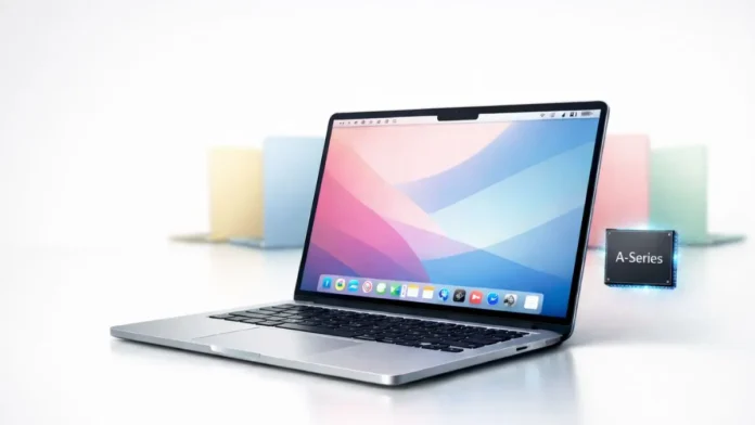 MacBook Air laptop displayed open with an A-Series chip graphic shown beside it