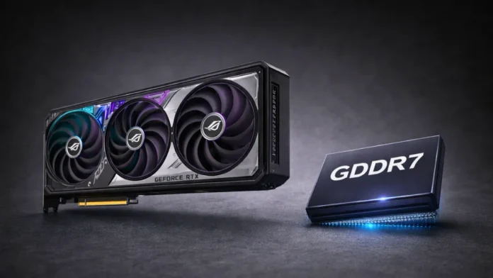 Micron 24Gb GDDR7 memory chip alongside GeForce RTX graphics card