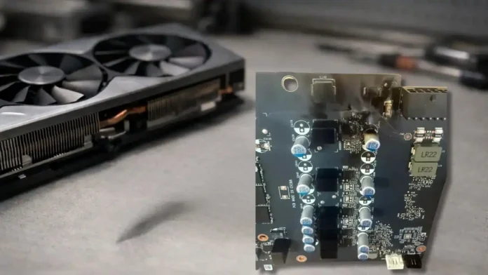 MSI RTX 4080 Super graphics card with damaged PCB following a fire during test bench operation