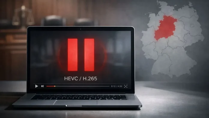 Laptop displaying HEVC H.265 video symbol alongside a map of Germany highlighting Munich