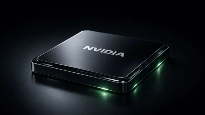 NVIDIA processor shown in a close-up render, representing graphics and AI computing hardware.