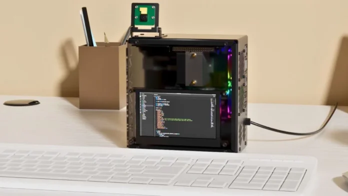 Pironman 5 Pro Max Raspberry Pi 5 Desktop Setup Pironman 5 Pro Max Raspberry Pi 5 desktop case placed on desk with display running code