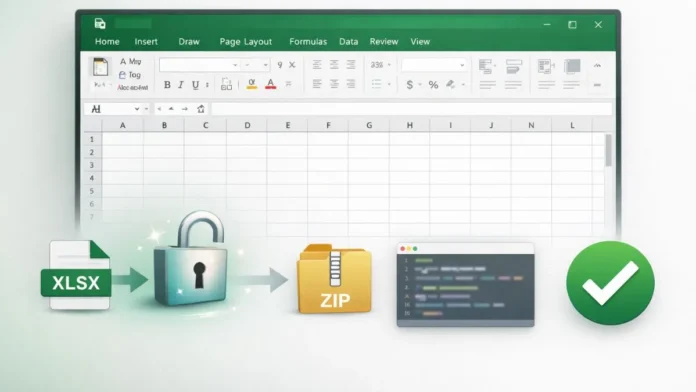 Microsoft Excel worksheet showing password protection removal using XLSX and ZIP method