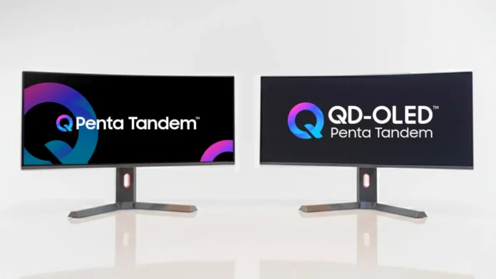 Samsung QD-OLED Penta Tandem monitor showcasing 4,500-nit brightness technology arriving in 2026.