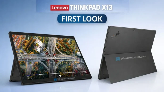 Render of the ThinkPad X13 Detachable in stand mode showing front display and rear panel