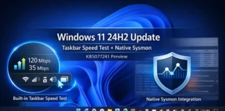 Windows 11 24H2 Adds Built-In Speed Test and Native Sysmon Tool Windows 11 24H2 update showing built-in taskbar speed test and native Sysmon integration