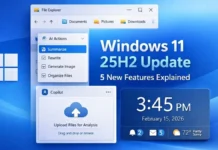 Windows 11 25H2 Update 2026: 5 New Features I Got After Updating Windows 11 25H2 update featuring AI Actions in File Explorer, Copilot file upload, and big clock in Notification Center