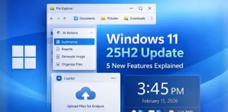 Windows 11 25H2 Update 2026: 5 New Features I Got After Updating Windows 11 25H2 update featuring AI Actions in File Explorer, Copilot file upload, and big clock in Notification Center