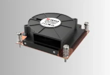 Akasa 29.5mm 1U CPU Cooler Supports 125W Intel Akasa 29.5mm 1U CPU cooler showing compact fan and mounting mechanism