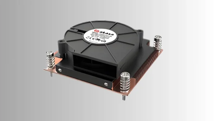 Akasa 29.5mm 1U CPU cooler showing compact fan and mounting mechanism
