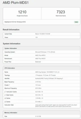 Geekbench listing showing AMD Plum-MDS1 motherboard with Zen 6 Medusa Point engineering sample CPU