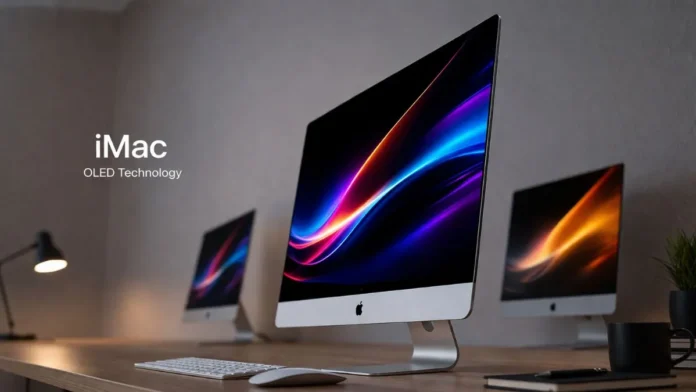 Apple OLED iMac on desk showing colorful display during testing phase