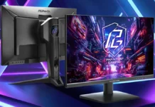 ASRock 27-inch QHD Gaming Monitors Pack 180Hz IPS, HDR400, FreeSync ASRock PG27QFT2C gaming monitor showing front display and rear panel with angular stand design