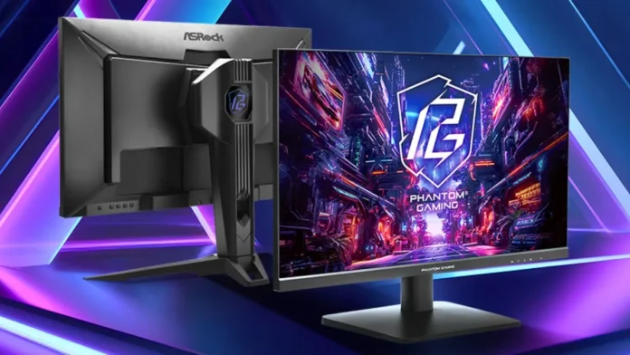 ASRock PG27QFT2C gaming monitor showing front display and rear panel with angular stand design