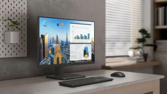 ASUS ExpertCenter P600 AiO Desktop Setup ASUS ExpertCenter P600 AiO desktop with Ryzen AI processor in office workspace setup