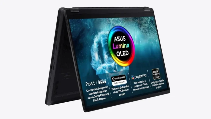 Asus ProArt PX13 convertible laptop in tent mode featuring Lumina OLED display