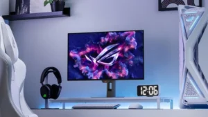 ASUS ROG Strix OLED XG27AQDMG Gen2 27-inch QHD gaming monitor on a desktop gaming setup