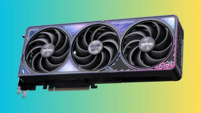 Colorful GeForce RTX 5070 Ti iGame Ultra Black graphics card with triple fan cooler and black purple design