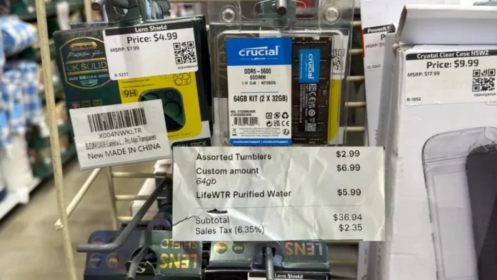 Crucial 64GB DDR5 RAM $6.99 Deal Crucial 64GB DDR5-5600 SO-DIMM laptop RAM kit shown in store after being sold for $6.99
