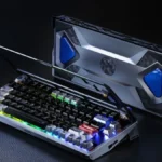 Dareu ULTRA 75 keyboard with RGB lighting enabled and rear panel visible in open position