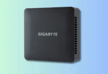 Gigabyte BRIX Mini PC Listed With Ryzen 400, 96GB, PCIe Gen5 Gigabyte GB-BRR7-450 mini PC showing top surface with logo and compact square design