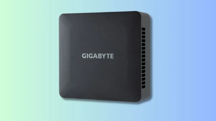 Gigabyte GB-BRR7-450 mini PC top view design Gigabyte GB-BRR7-450 mini PC showing top surface with logo and compact square design