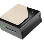 GMKtec EVO T2 compact mini PC with sleek black and gold design and front power button