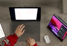 Lenovo IdeaPad 5a 2-in-1 Gen 11 With Ryzen AI, 165Hz OLED, Starts at $899 Lenovo IdeaPad 5a 2-in-1 Gen 11 used with smartphone and tablet for multitasking setup