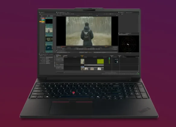 Lenovo ThinkPad P14s Gen 7 running professional video editing software timeline