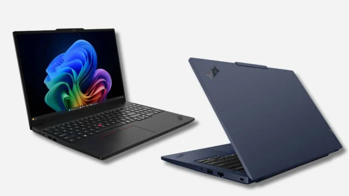 Lenovo ThinkPad T14 Gen 7 and T16 Gen 5 open and rear angled view with ThinkPad branding