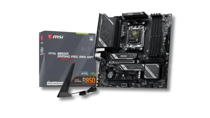 MSI MAG B850M Gaming Pro Max WiFi AM5 micro ATX motherboard with retail box and WiFi antenna