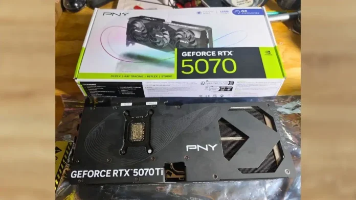PNY RTX 5070 Ti received in RMA replacement PNY GeForce RTX 5070 Ti graphics card with RTX 5070 retail box in background