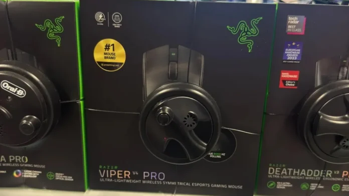 Razer Viper V4 Pro gaming mouse retail box showing ultra-lightweight esports design