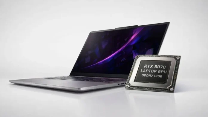 NVIDIA RTX 5070 laptop GPU with 12GB GDDR7 shown beside a modern laptop