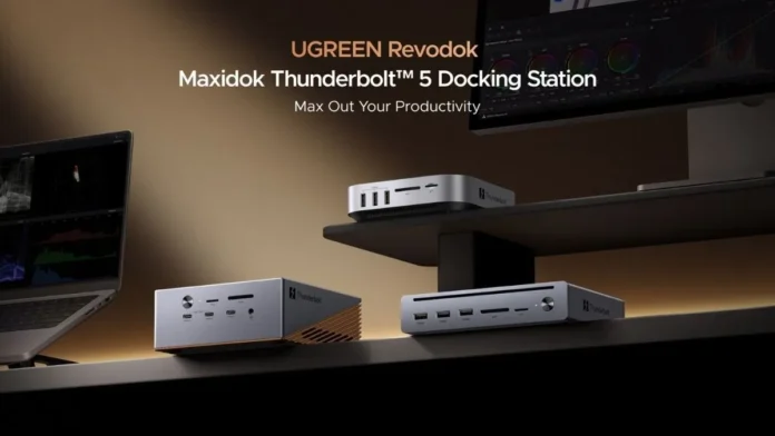 UGREEN Maxidok Thunderbolt 5 docking stations from the Revodok series designed for workstation laptop setups