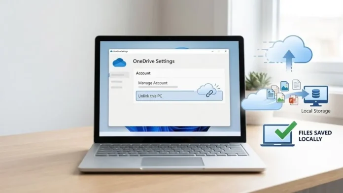 OneDrive settings screen showing unlink this PC option on a Windows laptop
