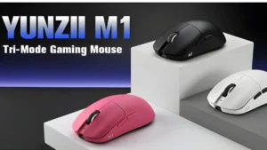 Yunzii M1 wireless gaming mouse shown in black, white, and pink color options