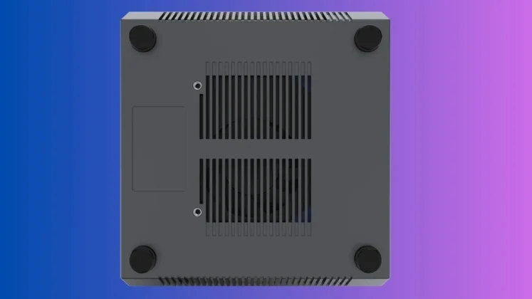 ACEMAGIC Retro X5 mini PC bottom view showing ventilation and cooling fan layout