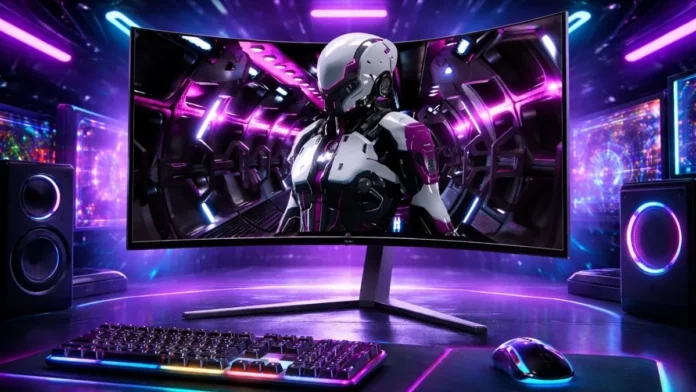 Agon Pro AGP346UCSD Tandem OLED curved monitor displayed in gaming desk setup