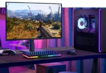 Alienware 27-inch QD-OLED Gaming Monitor Launches at $349 with 240Hz Refresh Rate Alienware AW2726DM gaming monitor setup on desk with RGB keyboard, gaming PC, and controller displaying high resolution gameplay scene