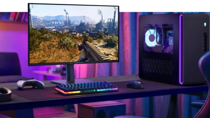 Alienware AW2726DM gaming monitor setup on desk with RGB keyboard, gaming PC, and controller displaying high resolution gameplay scene