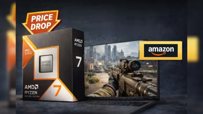 AMD Ryzen 7 9800X3D Price Drop AMD Ryzen 7 9800X3D price drop gaming CPU with gaming setup and Amazon deal highlight