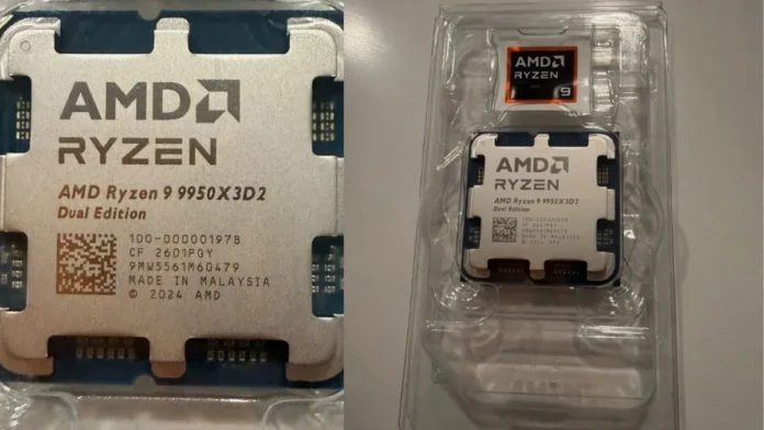 AMD Ryzen 9 9950X3D2 CPU leak AMD Ryzen 9 9950X3D2 CPU chip close-up