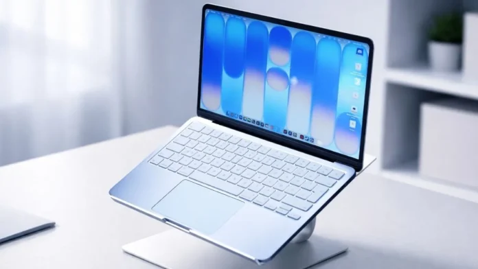 Apple MacBook Neo laptop shown in angled product render placed on desk stand