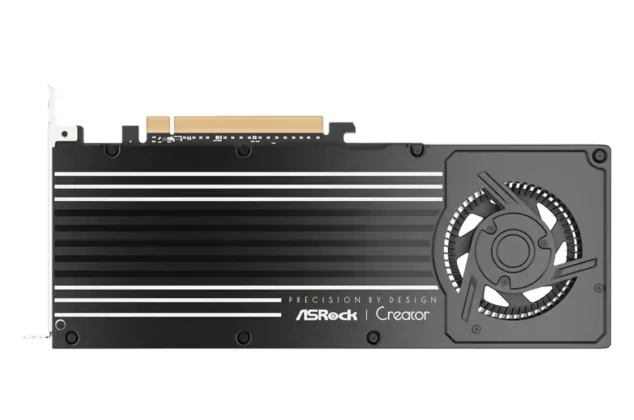 ASRock Intel Arc Pro B65 Creator graphics card rear backplate with striped design