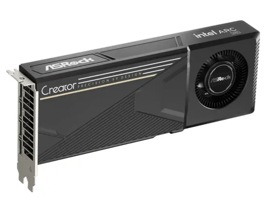 ASRock Intel Arc Pro B65 Creator graphics card shown in angled front perspective