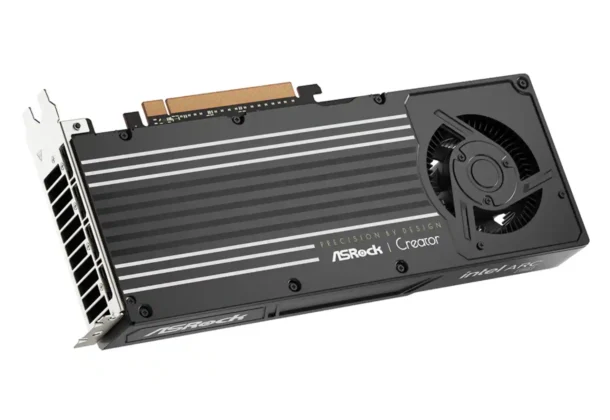 ASRock Intel Arc Pro B65 Creator graphics card rear angled design showing backplate and fan